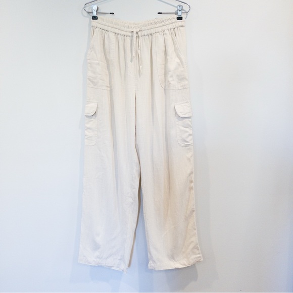 Japna Linen Blend Ivory Beige Cargo Pants Lagenlook Coastal Size Medium - Picture 1 of 10